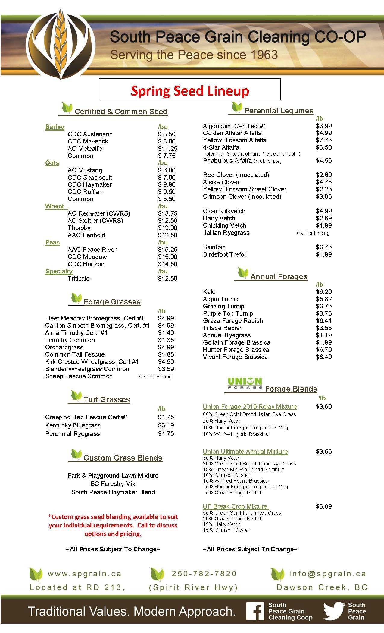 Spring Seed Products and Prices,